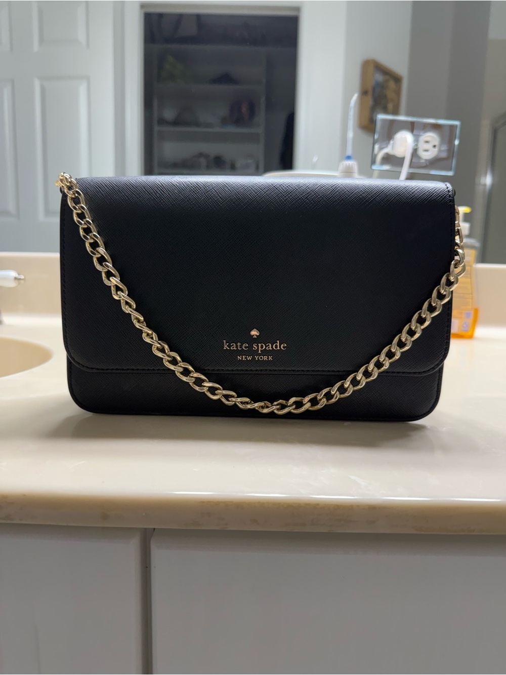 kate spade black saffiano leather chain crossbody bag with gold hardware